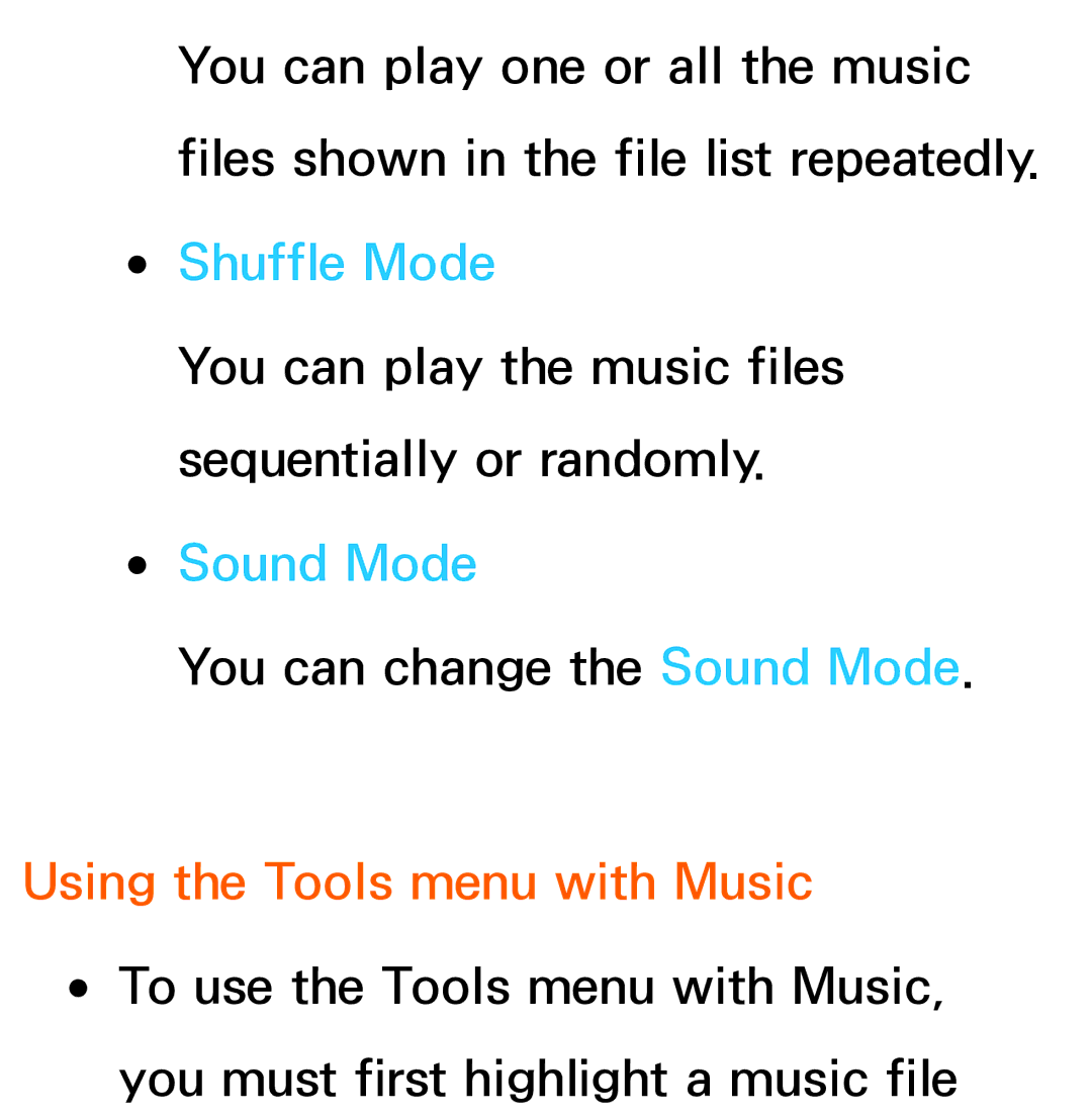 Samsung UA55ES6800MXSQ, UA46ES6900MXSQ, UA55ES6800MXXY, UA40ES5500MXXY manual Shuffle Mode, Using the Tools menu with Music 