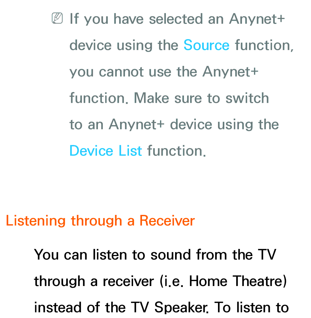 Samsung UA32EH4500MXSQ, UA46ES6900MXSQ, UA55ES6800MXXY, UA40ES5500MXXY, UA55ES6600MXXY manual Listening through a Receiver 