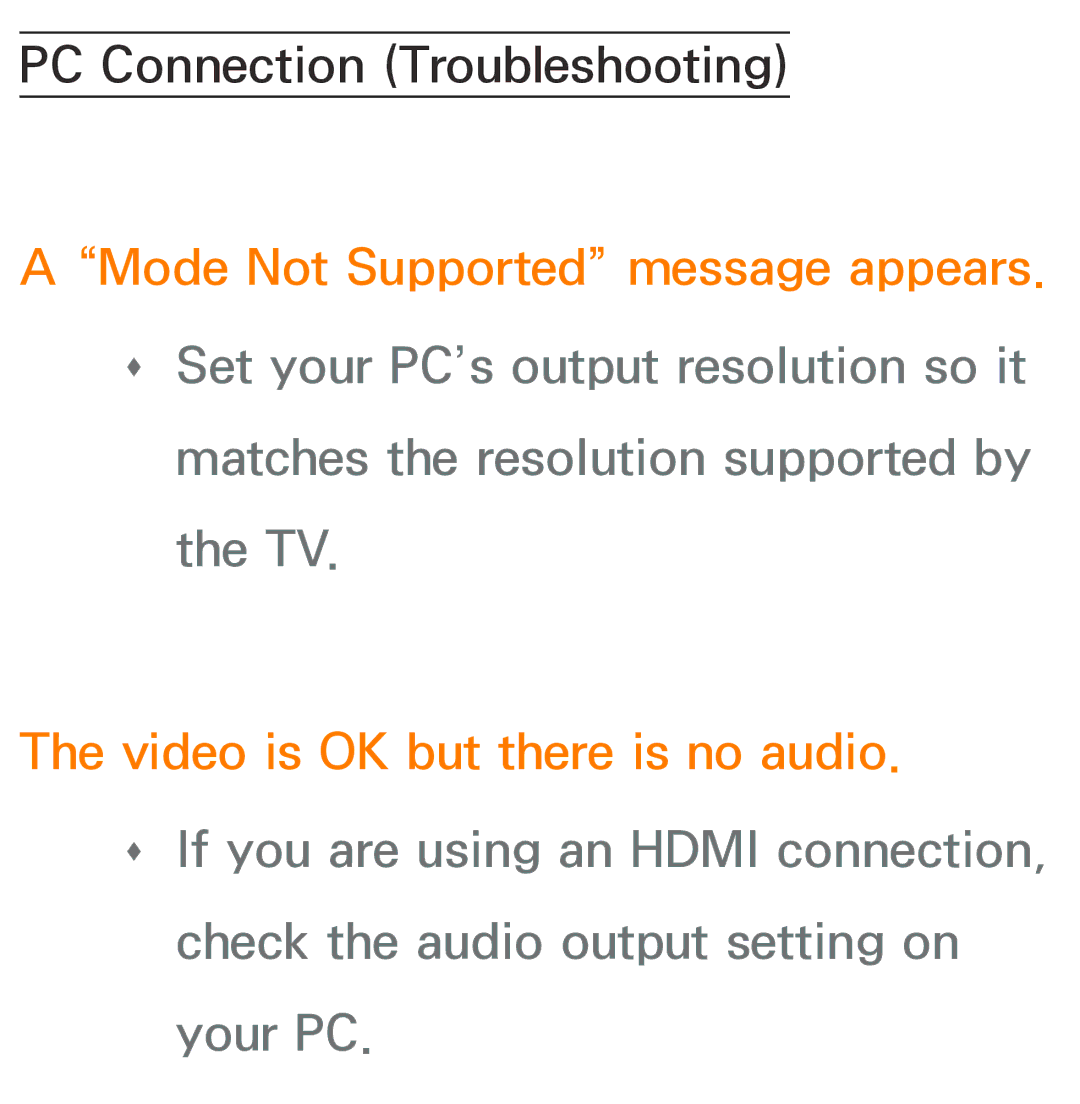 Samsung UA46ES5600MXSQ, UA46ES6900MXSQ, UA55ES6800MXXY, UA40ES5500MXXY, UA55ES6600MXXY manual PC Connection Troubleshooting 