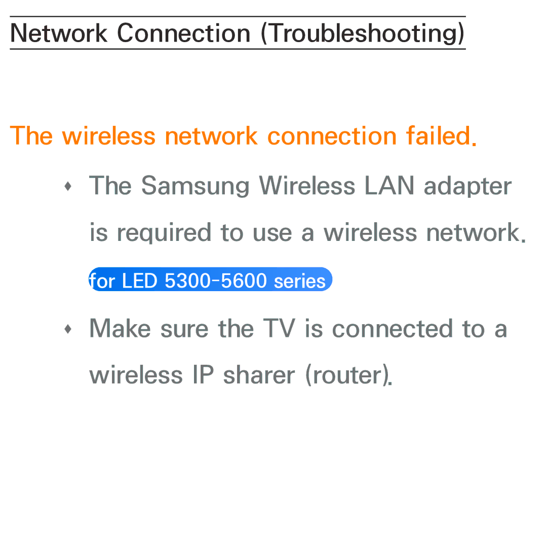 Samsung UA50ES5600MXSQ, UA46ES6900MXSQ, UA55ES6800MXXY, UA40ES5500MXXY, UA55ES6600MXXY Wireless network connection failed 