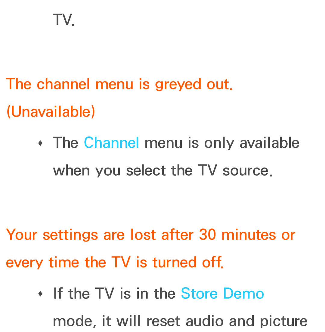 Samsung UA46ES6200MXSQ, UA46ES6900MXSQ, UA55ES6800MXXY, UA40ES5500MXXY manual Channel menu is greyed out. Unavailable 