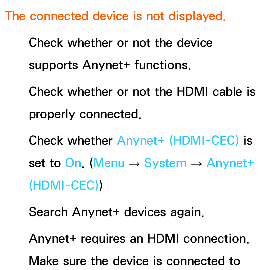 Samsung UA40ES6200MXSQ, UA46ES6900MXSQ, UA55ES6800MXXY, UA40ES5500MXXY, UA55ES6600MXXY manual Connected device is not displayed 