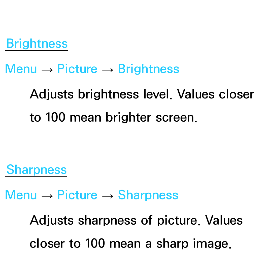 Samsung UA55ES7500MXSQ, UA46ES6900MXSQ manual Brightness Menu → Picture → Brightness, Sharpness Menu → Picture → Sharpness 