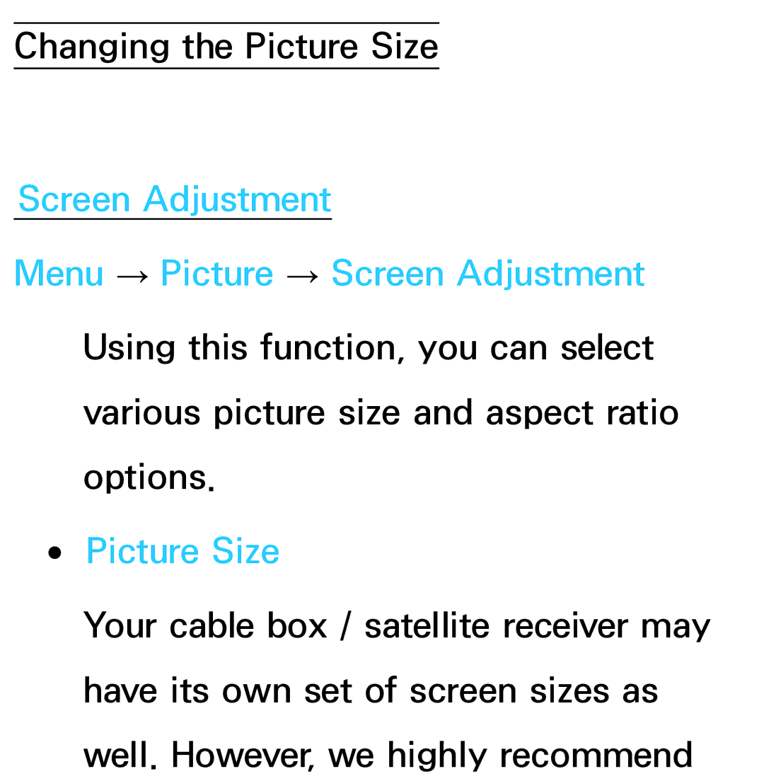 Samsung UA50ES6200MXSQ, UA46ES6900MXSQ, UA55ES6800MXXY, UA40ES5500MXXY, UA55ES6600MXXY manual Changing the Picture Size 