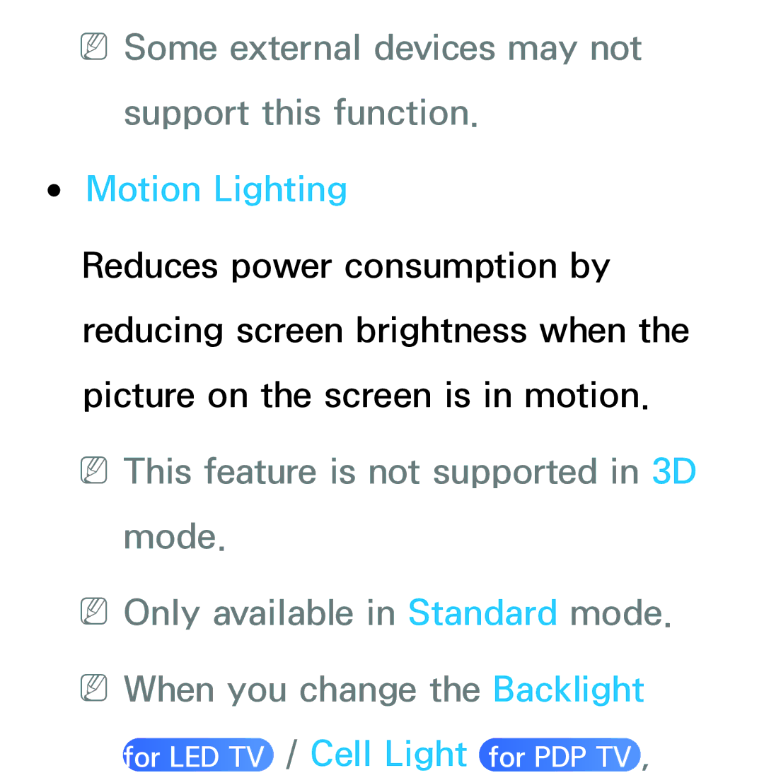 Samsung UA32EH5300MXSQ, UA46ES6900MXSQ manual NNSome external devices may not support this function, Motion Lighting 