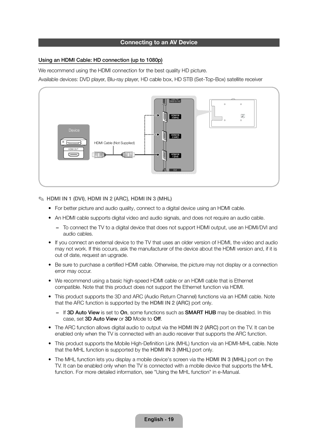 Samsung UA55ES7500RXSJ, UA46ES7500RXSK manual Connecting to an AV Device, Hdmi in 1 DVI, Hdmi in 2 ARC, Hdmi in 3 MHL 