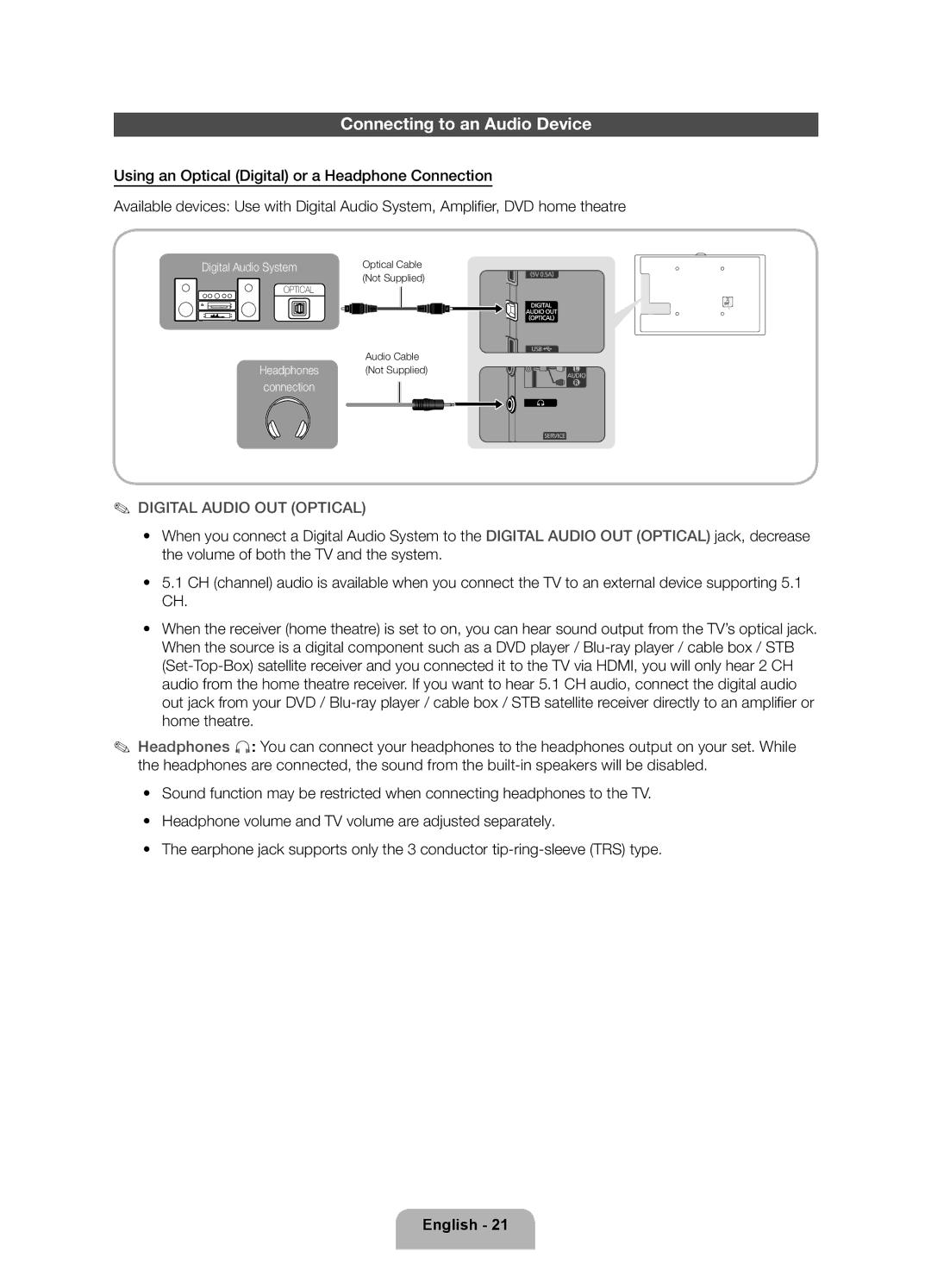 Samsung UA40ES7500RXZN, UA46ES7500RXSK, UA40ES7500RXSK manual Connecting to an Audio Device, Digital Audio OUT Optical 