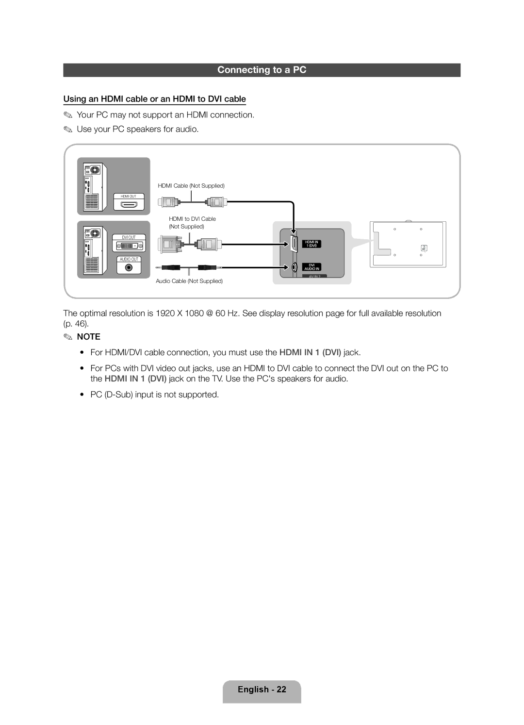 Samsung UA55ES7500RXZN, UA46ES7500RXSK, UA40ES7500RXSK, UA46ES7500RXTW, UA55ES7500RXTW, UA46ES7500RXSJ manual Connecting to a PC 