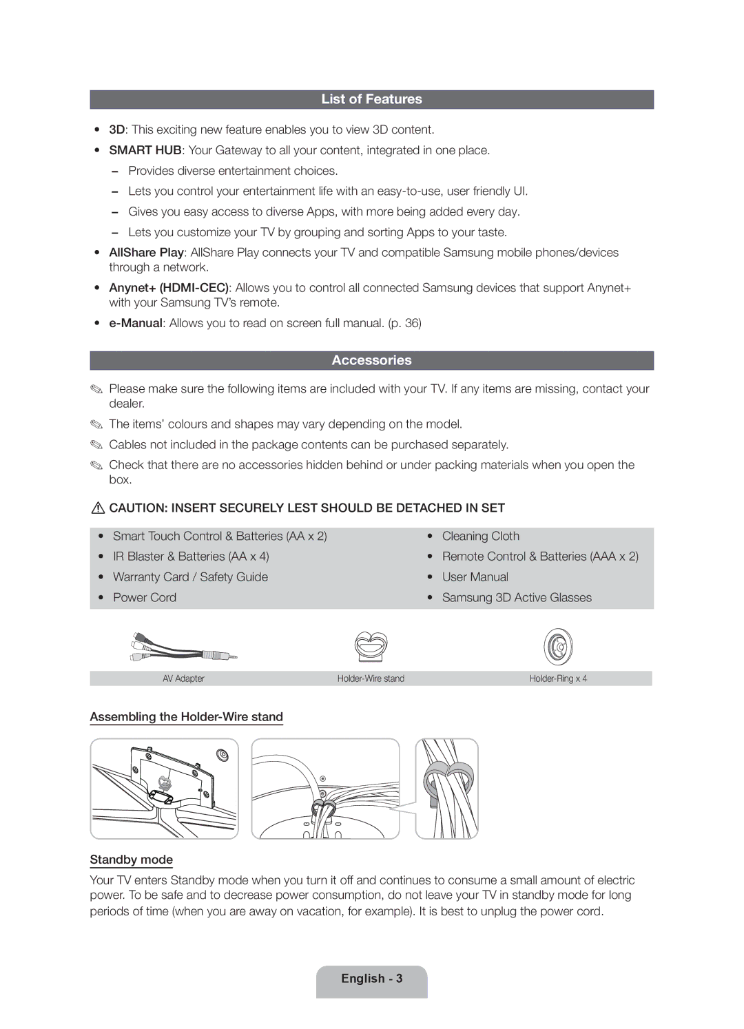 Samsung UA55ES7500RXTW, UA46ES7500RXSK, UA40ES7500RXSK, UA46ES7500RXTW, UA46ES7500RXSJ manual List of Features, Accessories 