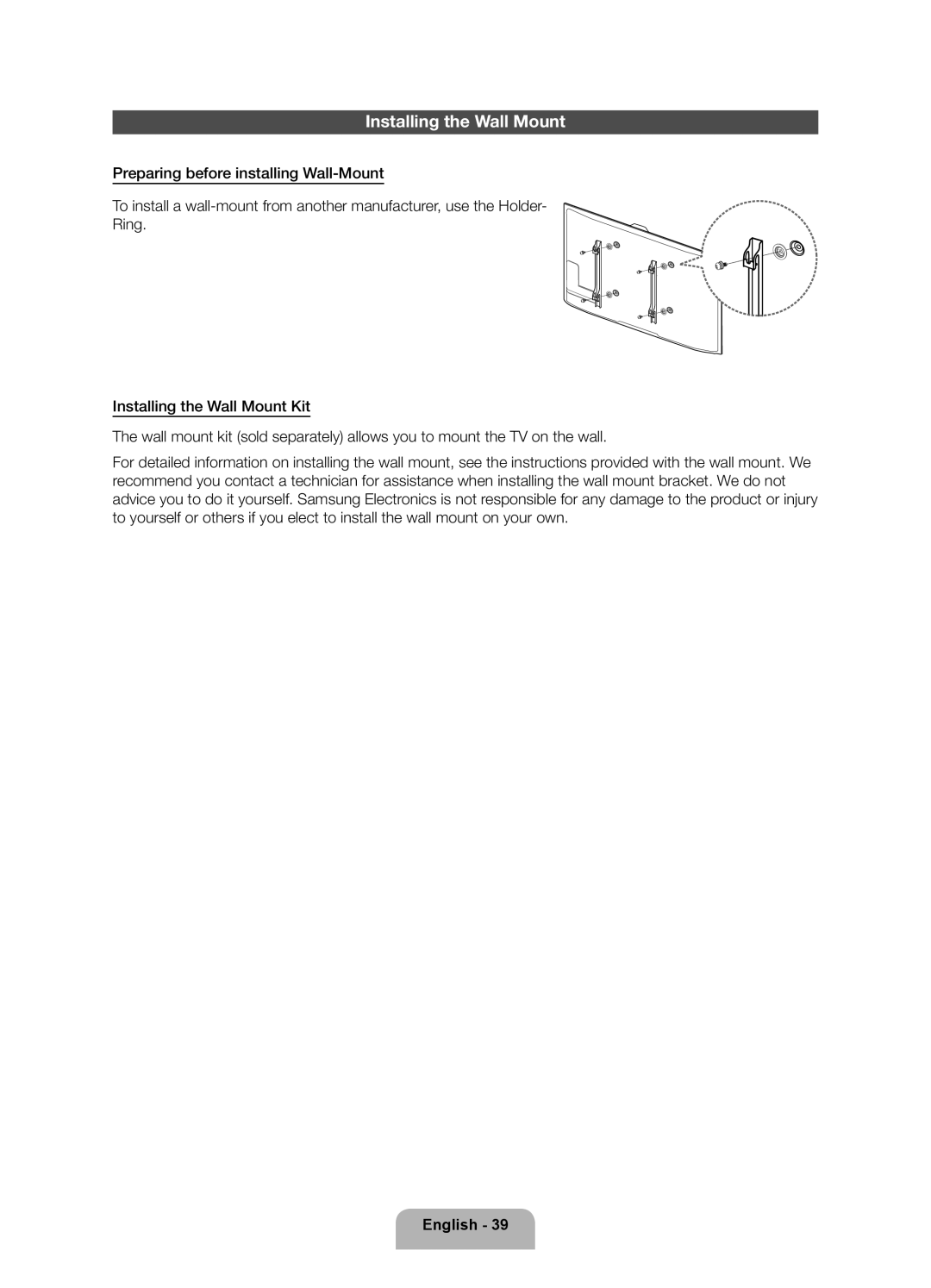 Samsung UA46ES7500RXZN, UA46ES7500RXSK, UA40ES7500RXSK, UA46ES7500RXTW, UA55ES7500RXTW manual Installing the Wall Mount 