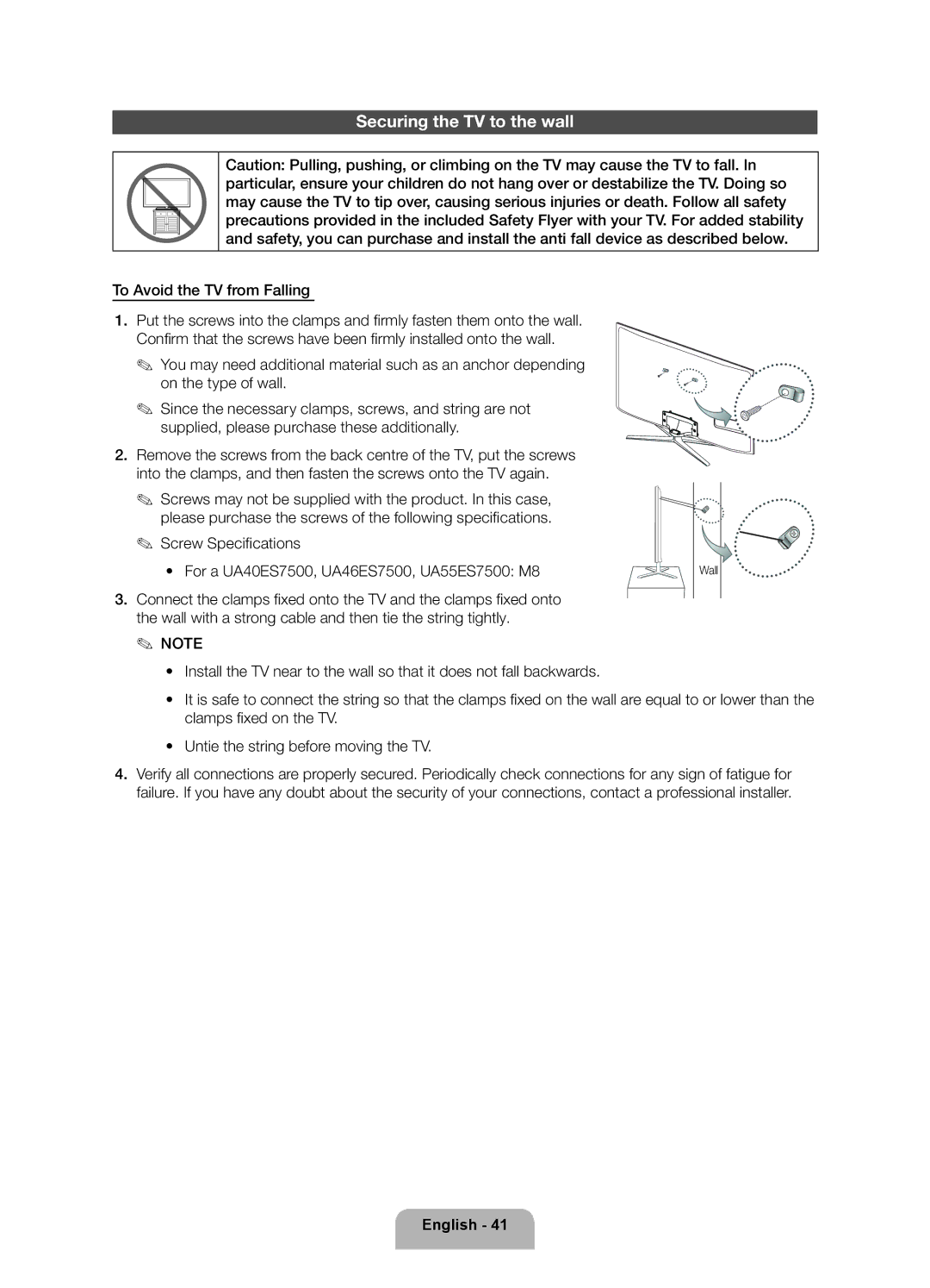 Samsung UA46ES7500RXXV, UA46ES7500RXSK, UA40ES7500RXSK, UA46ES7500RXTW, UA55ES7500RXTW manual Securing the TV to the wall 