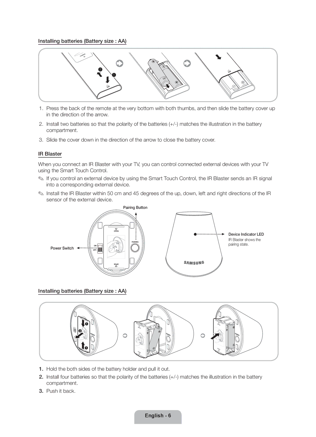 Samsung UA40ES7500RXUM, UA46ES7500RXSK, UA40ES7500RXSK, UA46ES7500RXTW, UA55ES7500RXTW Installing batteries Battery size AA 