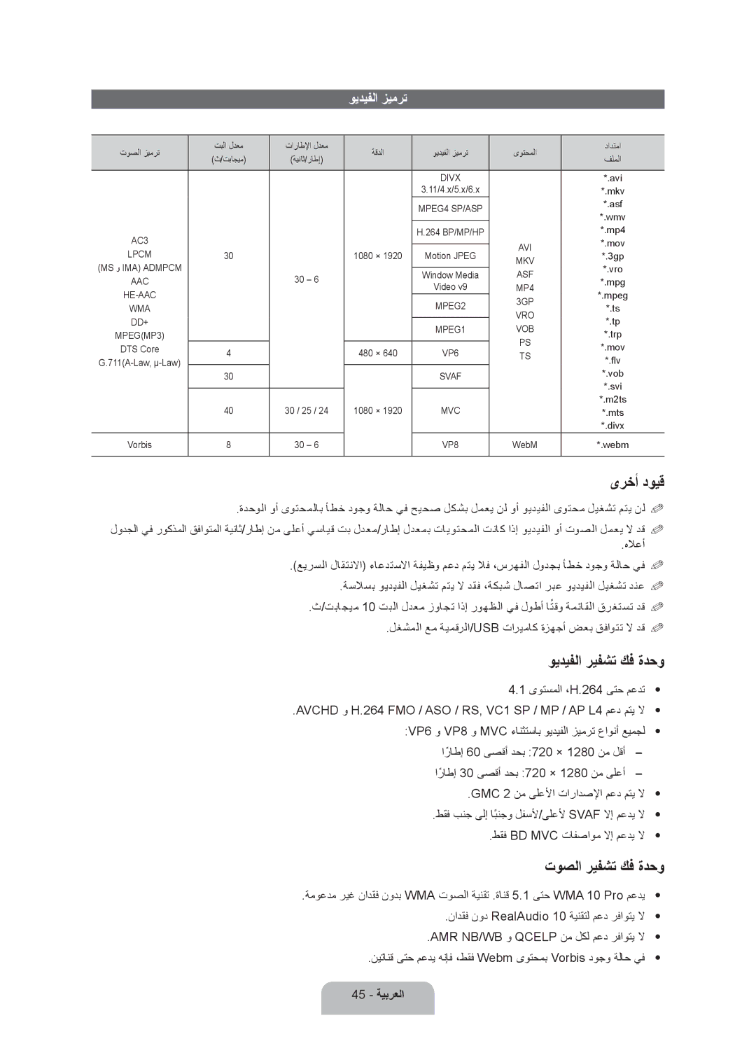 Samsung UA46ES7500RXUM, UA46ES7500RXSK ىرخأ دويق, ويديفلا ريفشت كف ةدحو, توصلا ريفشت كف ةدحو, ويديفلا زيمرت, 45 ةيبرعلا 