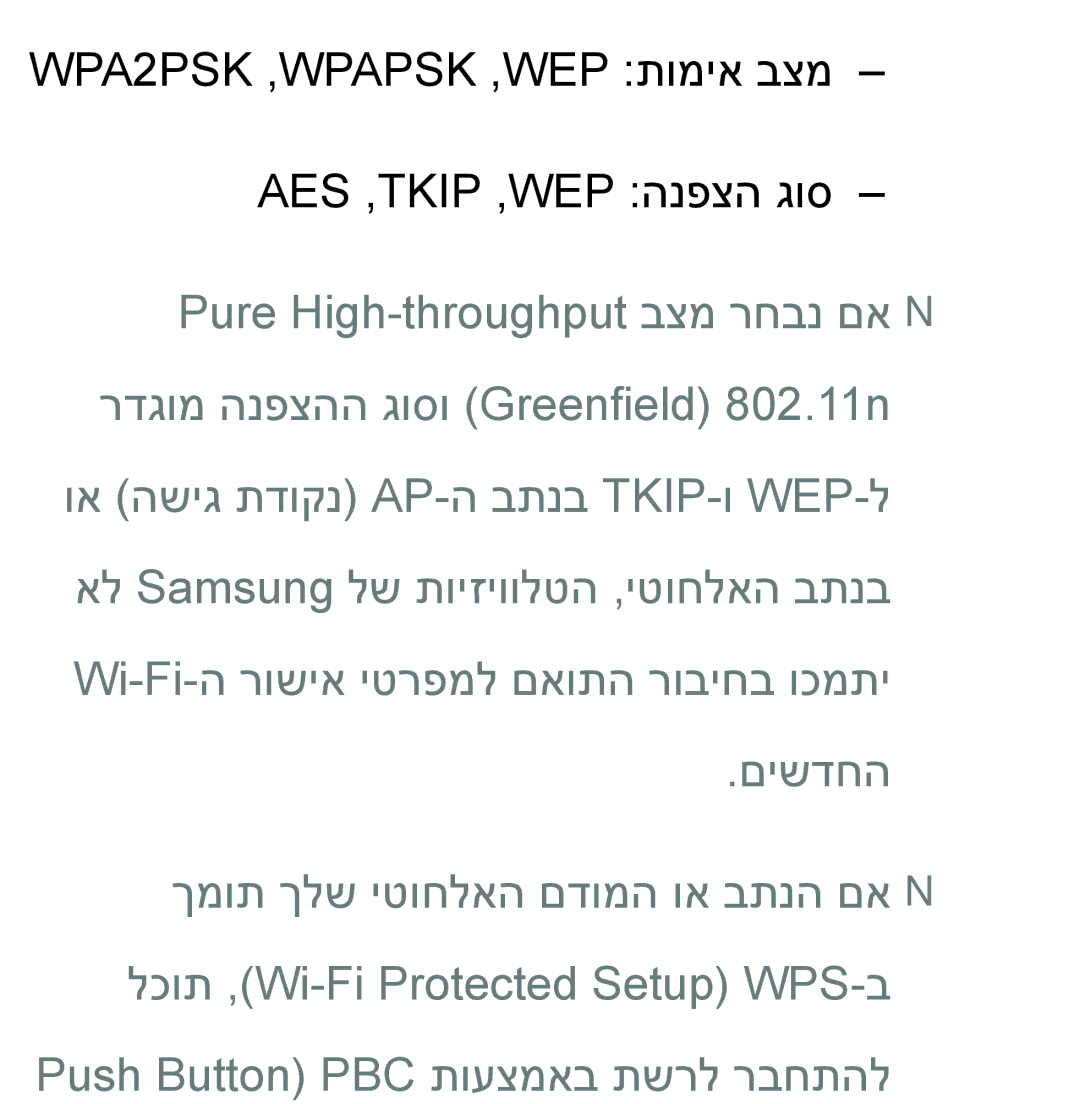 Samsung UA65ES8000MXSQ, UA46ES8000MXSQ, UA55ES8000MXSQ manual WPA2PSK ,‏WPAPSK ,‏WEP תומיא בצמ AES‏ ,‏TKIP ,‏WEP הנפצה גוס 