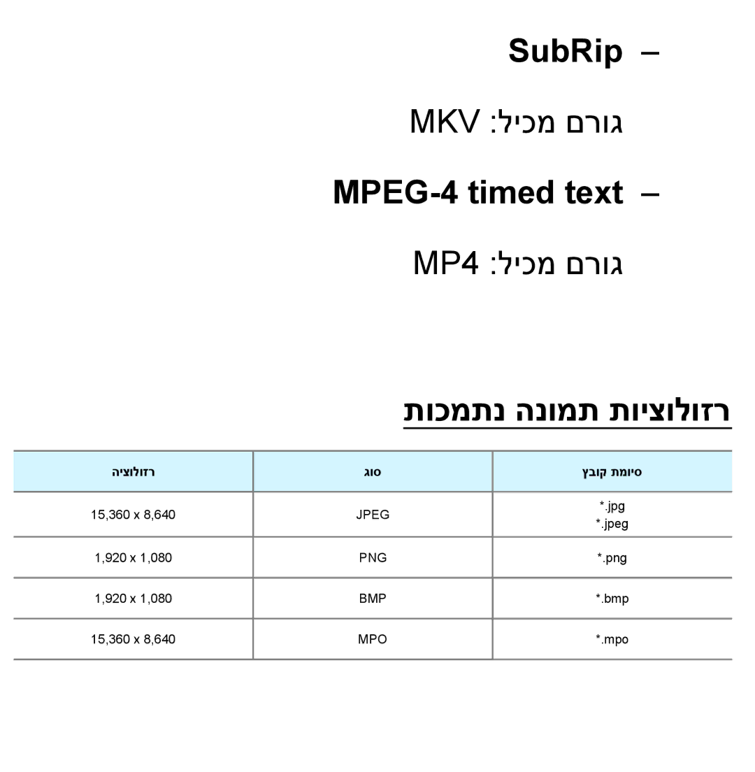 Samsung UA55ES7500MXSQ, UA46ES8000MXSQ, UA55ES8000MXSQ, UA65ES8000MXSQ SubRip, MPEG-4 timed text, תוכמתנ הנומת תויצולוזר 