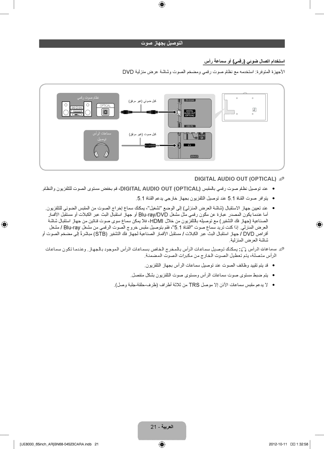 Samsung UA55ES8000RXTW, UA46ES8000RXSK, UA55ES8000RXSK توص زاهجب ليصوتلا, سأر ةعامس وأ \يمقر يئوض لاصتا مادختسا, 21 ةيبرعلا 