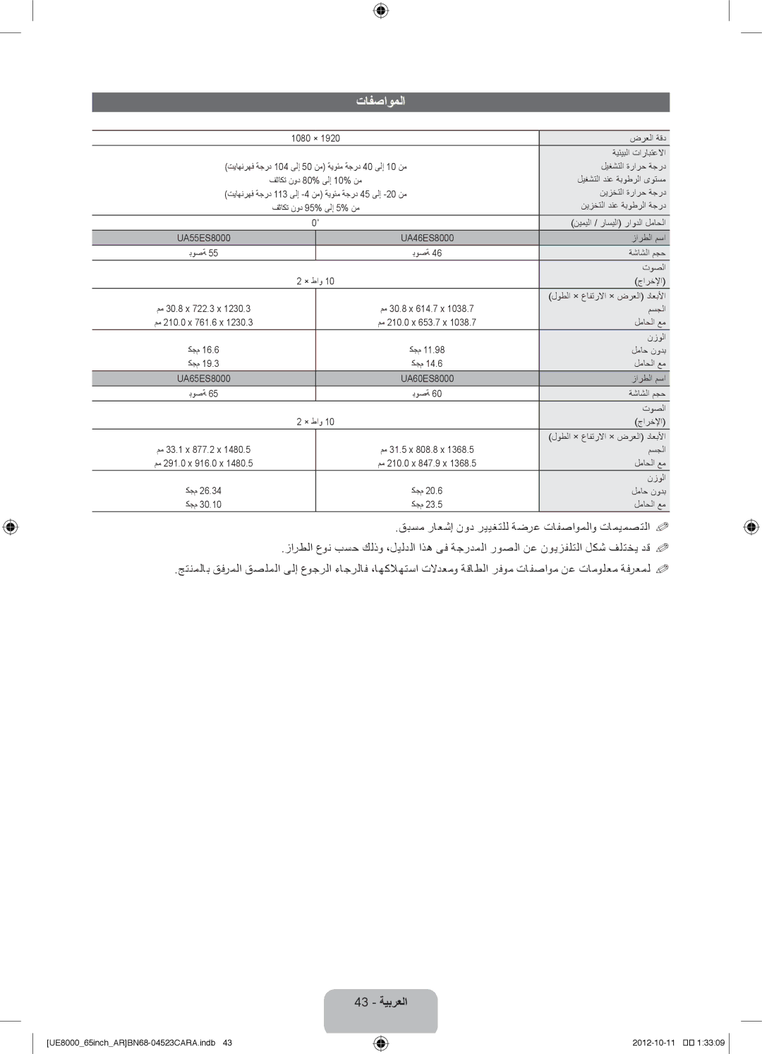 Samsung UA65ES8000RXUM, UA46ES8000RXSK, UA55ES8000RXSK, UA55ES8000RXZN, UA46ES8000RXUM, UA46ES8000RXZN تافصاوملا, 43 ةيبرعلا 