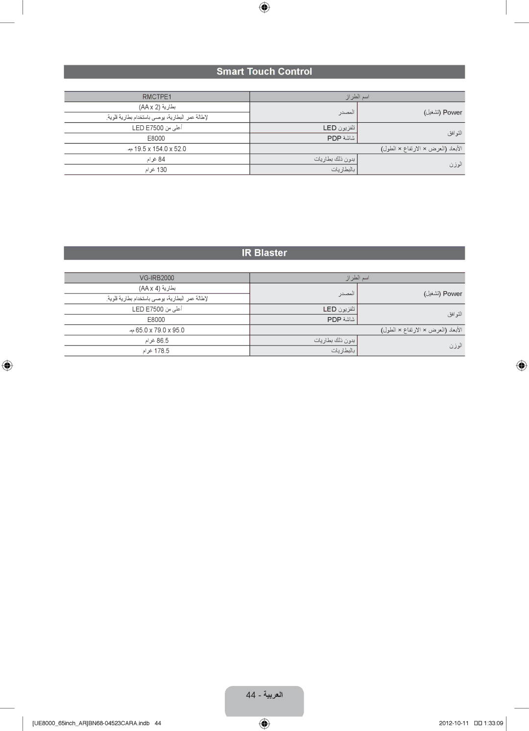 Samsung UA60ES8000RXZN, UA46ES8000RXSK, UA55ES8000RXSK, UA55ES8000RXZN, UA46ES8000RXUM, UA46ES8000RXZN IR Blaster, 44 ةيبرعلا 