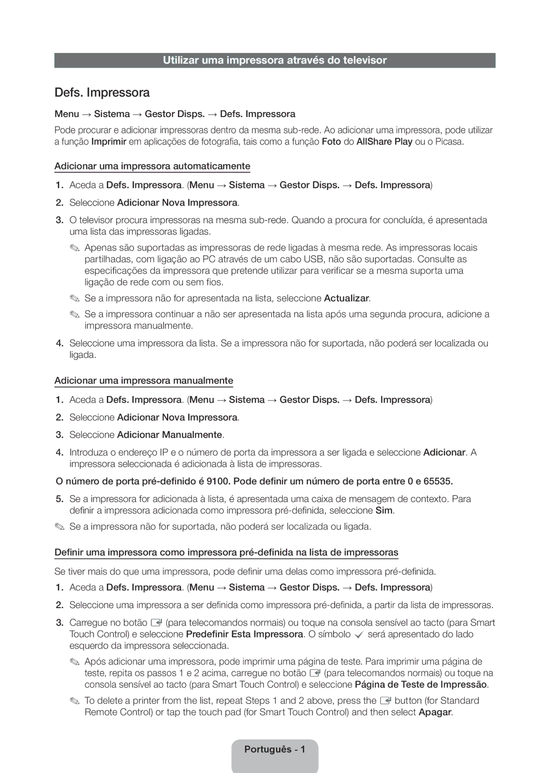 Samsung UA60ES8000RXUM, UA46ES8000RXSK, UA65ES8000RXZN Menu → Sistema → Gestor Disps. → Defs. Impressora, Português 