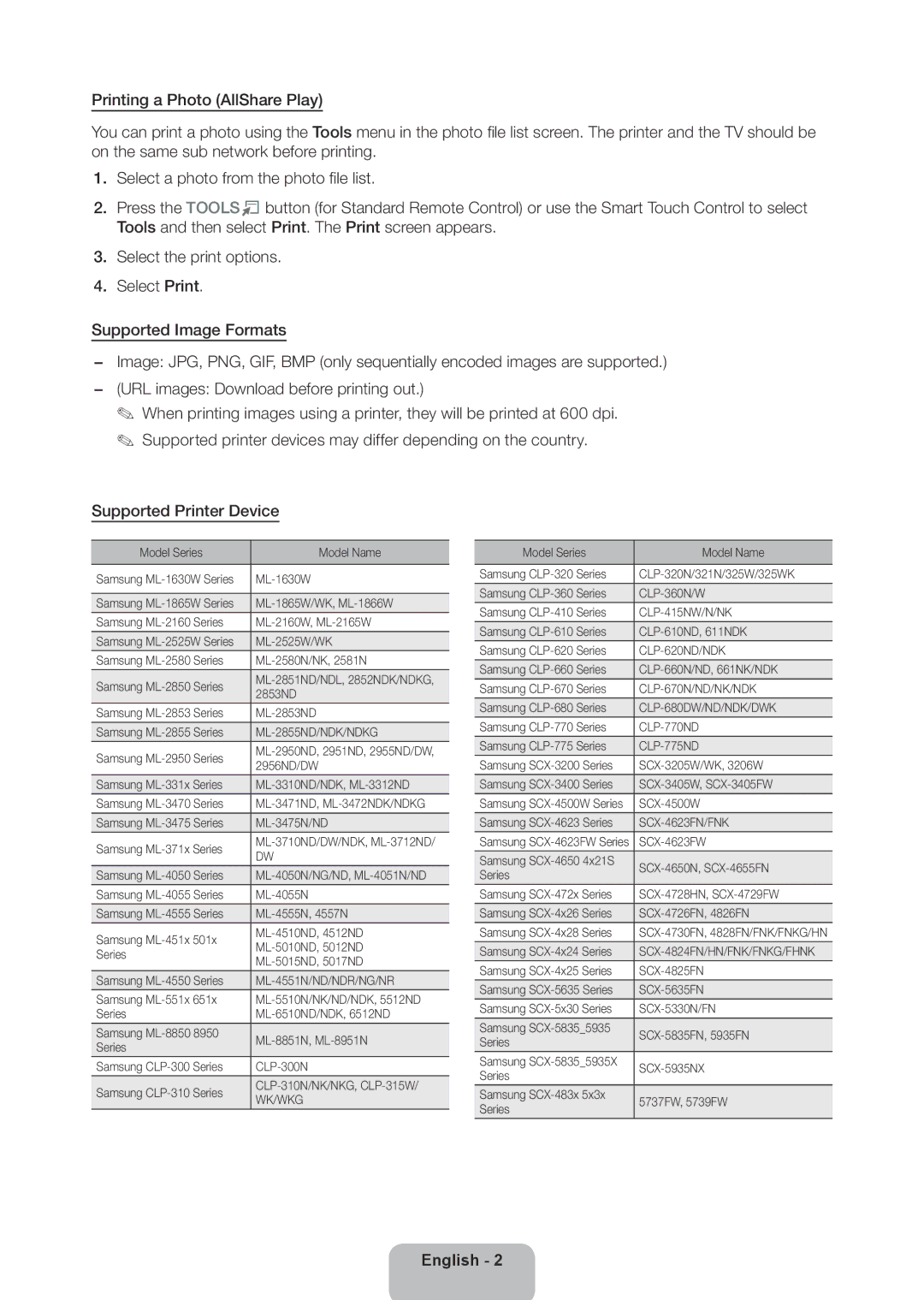 Samsung UA55ES8000RXSK, UA46ES8000RXSK, UA65ES8000RXZN, UA46ES7500RXSK manual Supported Printer Device, ML-2855ND/NDK/NDKG 