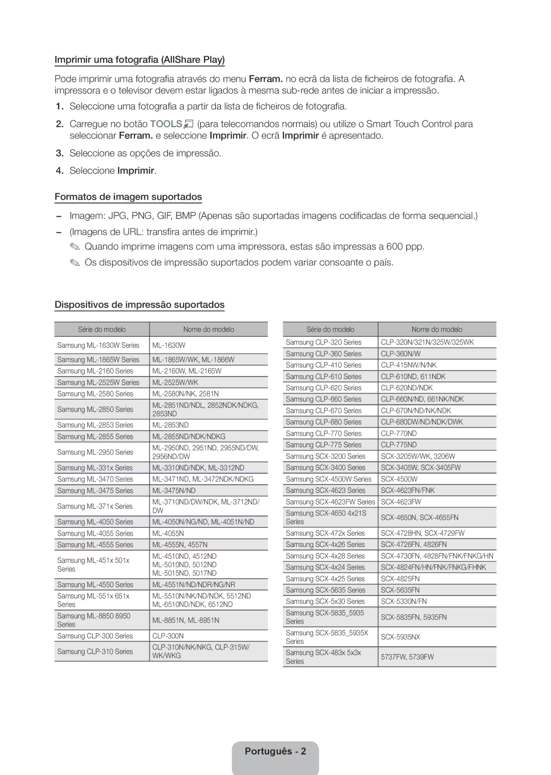 Samsung UA75ES9000RXZN, UA46ES8000RXSK manual Imprimir uma fotografia AllShare Play, Dispositivos de impressão suportados 