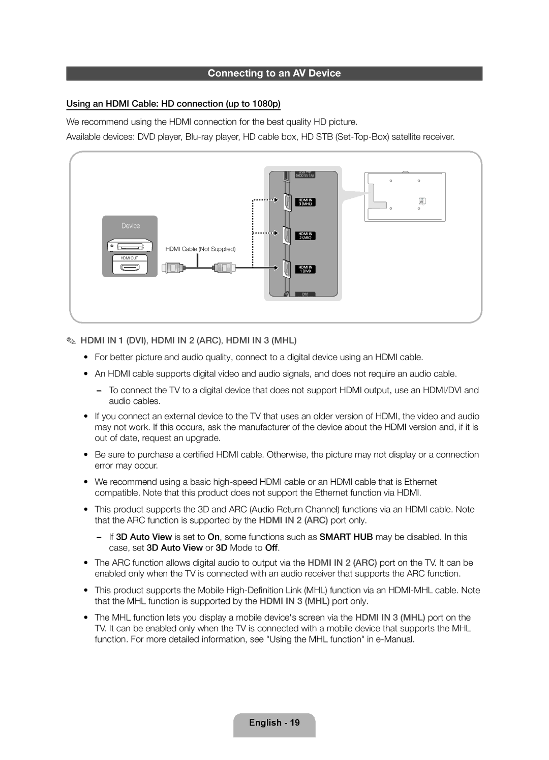 Samsung UA46ES8000RXSK, UA65ES8000RXZN manual Connecting to an AV Device, Hdmi in 1 DVI, Hdmi in 2 ARC, Hdmi in 3 MHL 