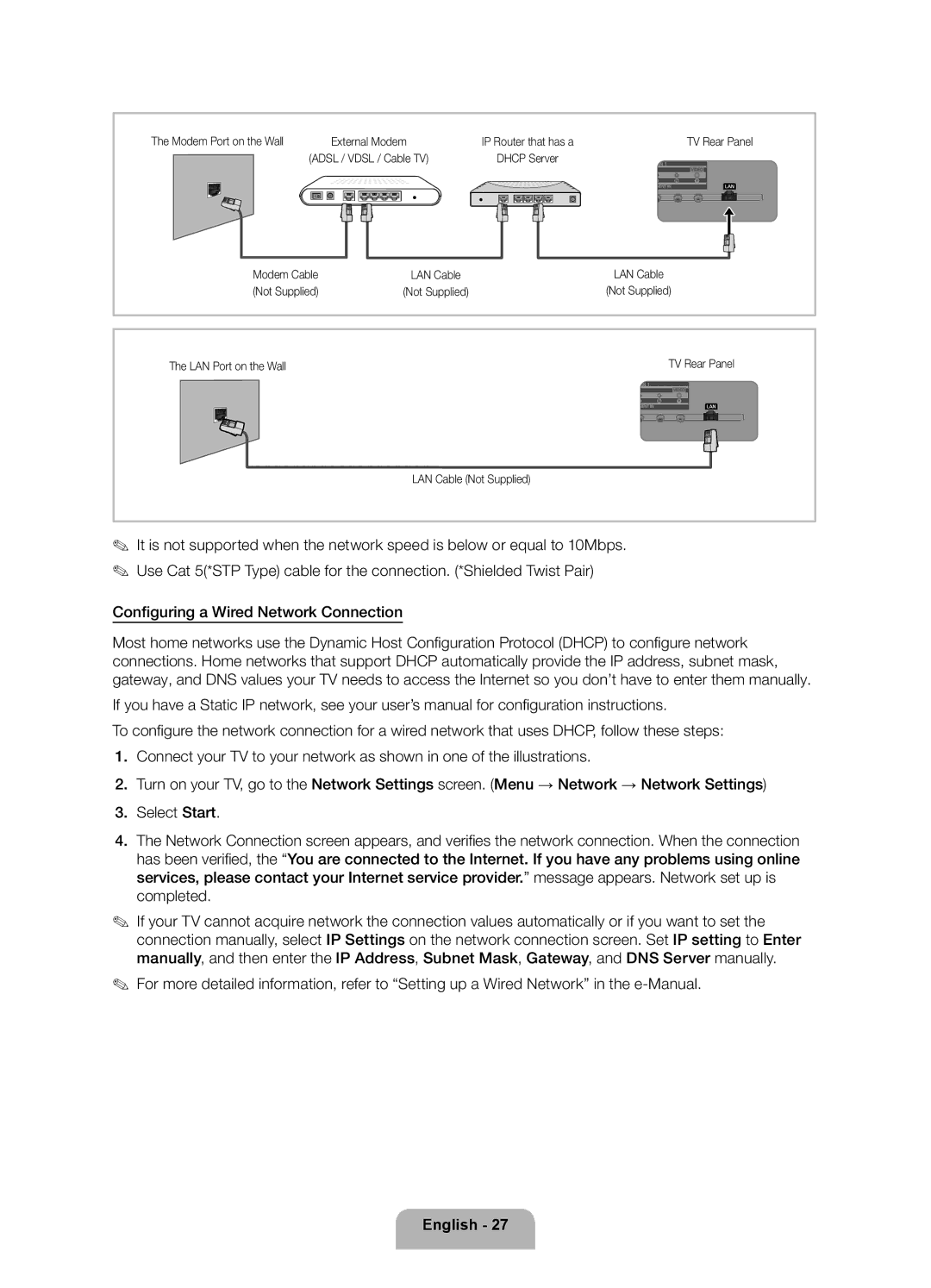 Samsung UA55ES8000RXUM, UA46ES8000RXSK, UA65ES8000RXZN, UA55ES8000RXSK, UA55ES8000RXZN Configuring a Wired Network Connection 