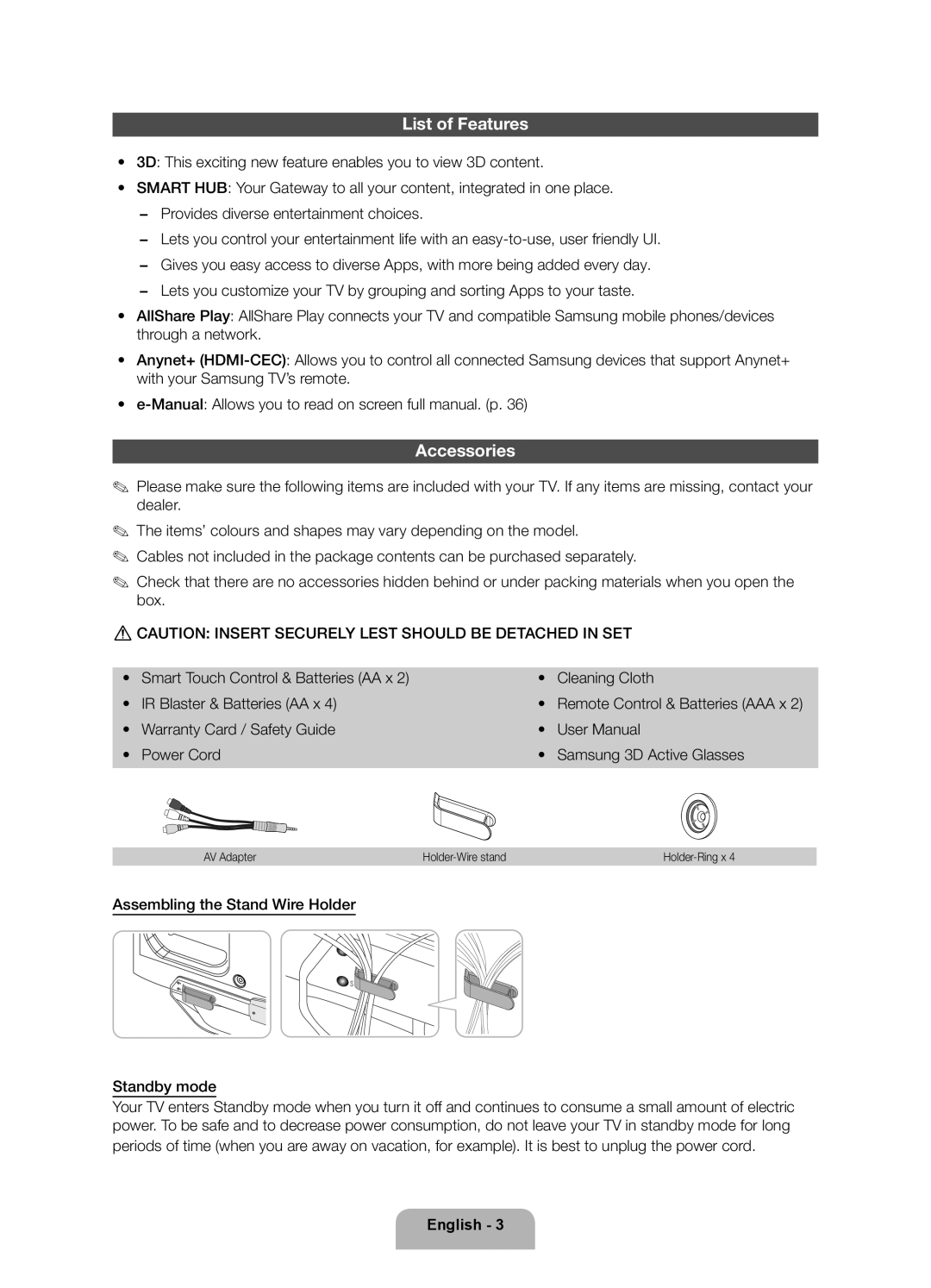 Samsung UA55ES8000RXZN, UA46ES8000RXSK, UA65ES8000RXZN, UA55ES8000RXSK, UA46ES8000RXUM manual List of Features, Accessories 