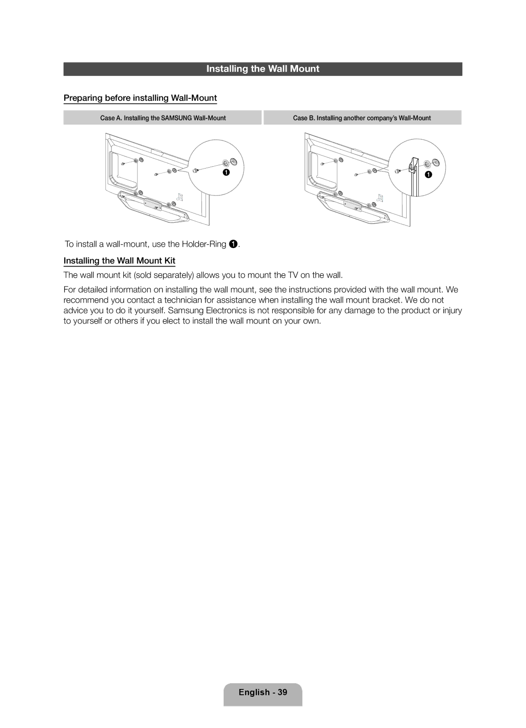 Samsung UA65ES8000RXZN, UA46ES8000RXSK, UA55ES8000RXSK, UA55ES8000RXZN, UA46ES8000RXUM manual Installing the Wall Mount 