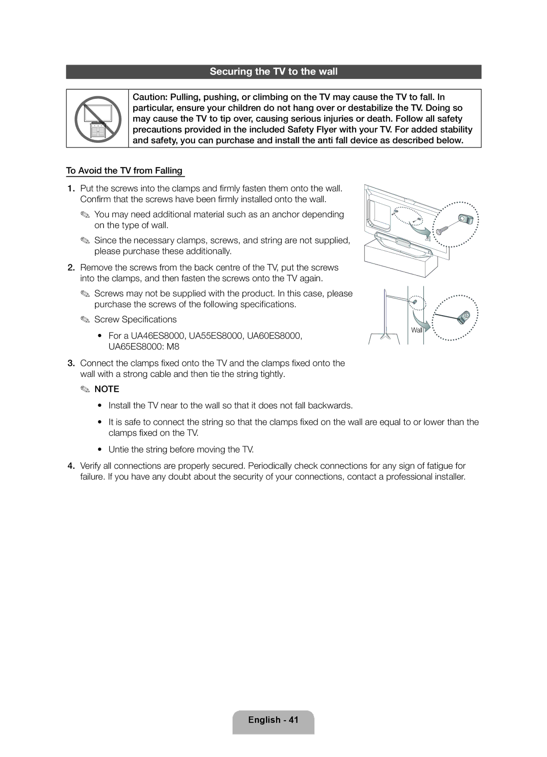 Samsung UA55ES8000RXZN, UA46ES8000RXSK, UA65ES8000RXZN, UA55ES8000RXSK, UA46ES8000RXUM manual Securing the TV to the wall 