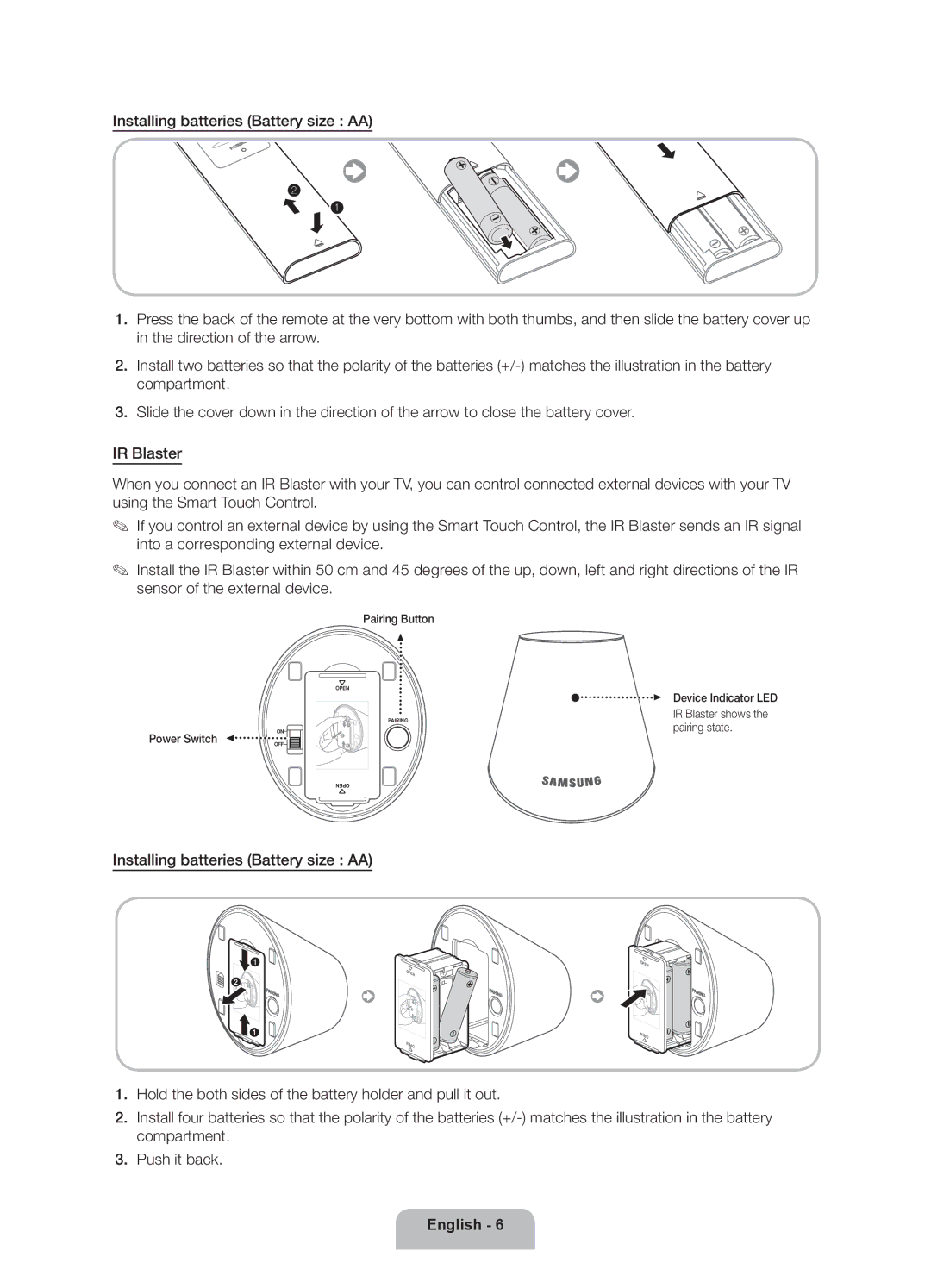 Samsung UA60ES8000RXSK, UA46ES8000RXSK, UA65ES8000RXZN, UA55ES8000RXSK, UA55ES8000RXZN Installing batteries Battery size AA 