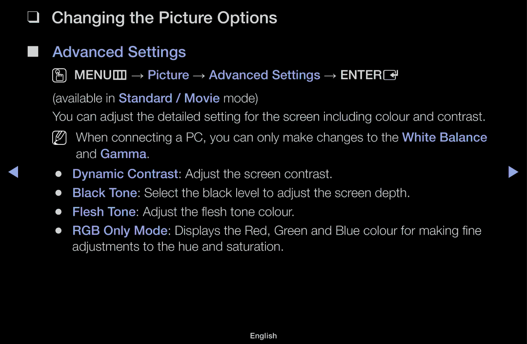 Samsung UA32F4000AMXSQ, UA46F5000AMXSQ, UA40F5000AMXSQ, UA55F6100AMXSQ manual Changing the Picture Options, Advanced Settings 