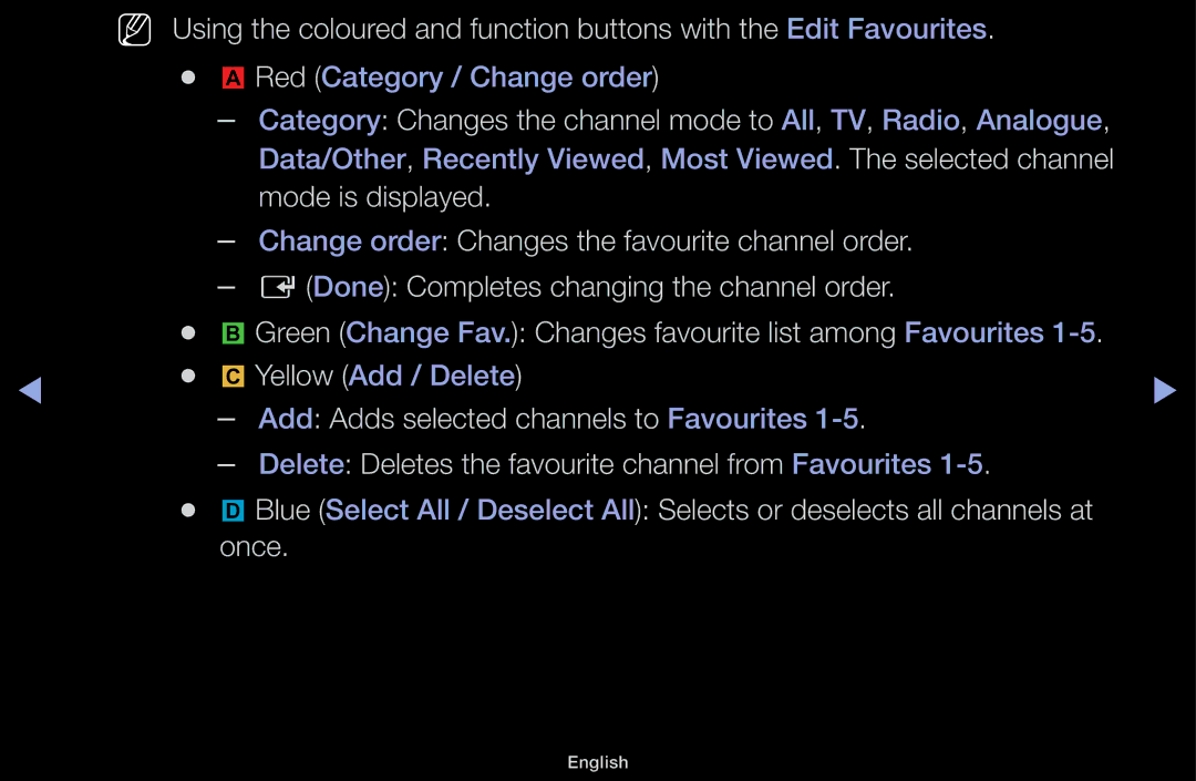 Samsung UA46F5000AMXXS manual Delete Deletes the favourite channel from Favourites 