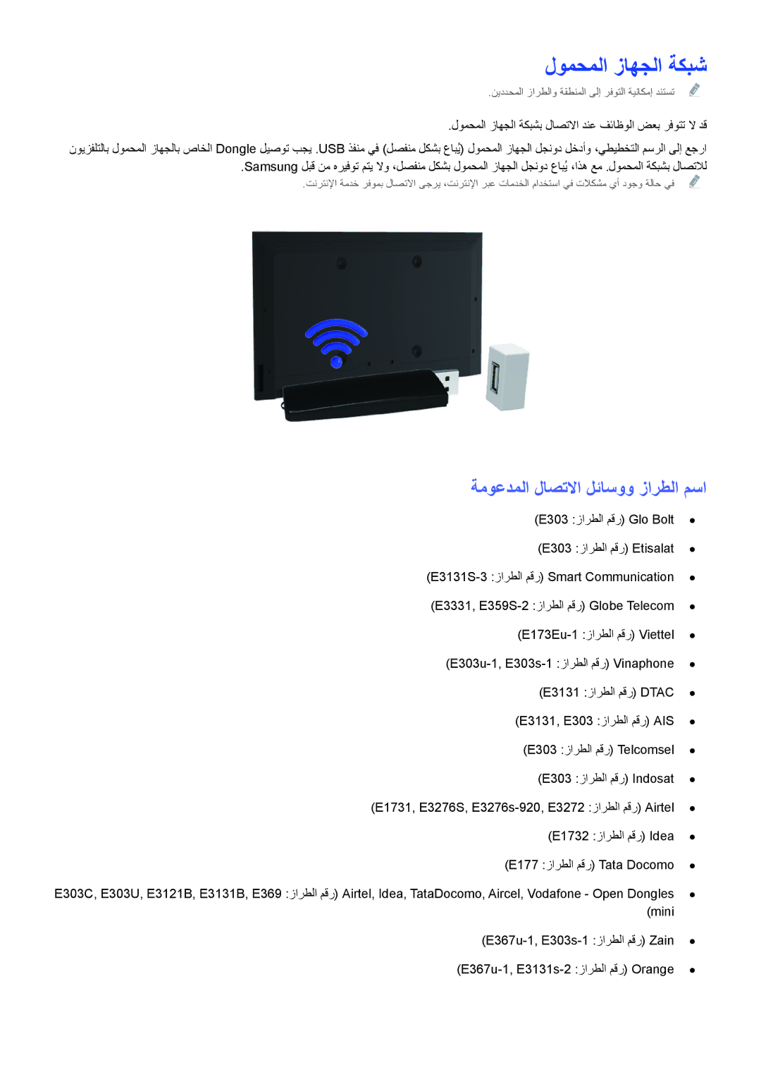 Samsung UA32H4303ARXUM, UA46H6203ARXZN, UA46H5303ARXUM manual لومحملا زاهجلا ةكبش, ةموعدملا لاصتلاا لئاسوو زارطلا مسا 