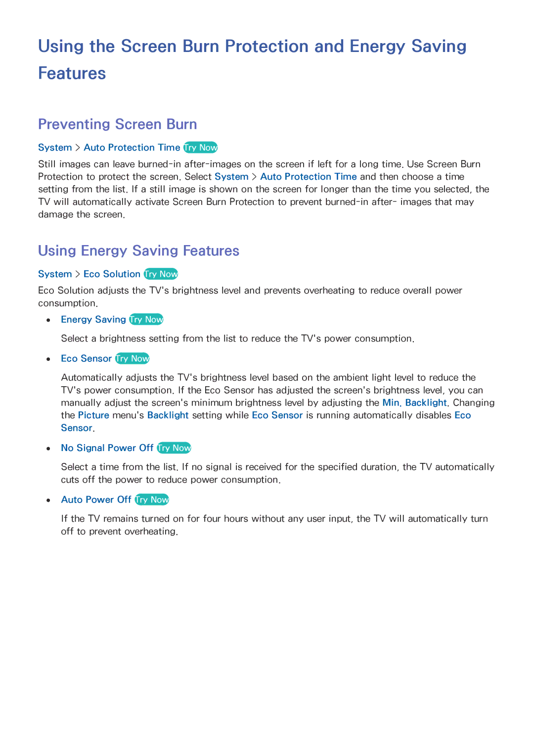 Samsung UA40H4203ARXEG, UA46H6203ARXZN Using the Screen Burn Protection and Energy Saving Features, Preventing Screen Burn 