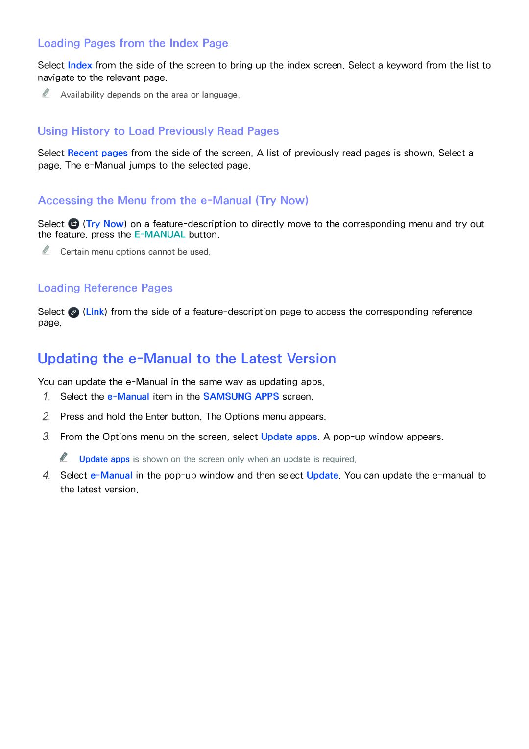 Samsung UA48H4203ARXZN Updating the e-Manual to the Latest Version, Loading Pages from the Index, Loading Reference Pages 