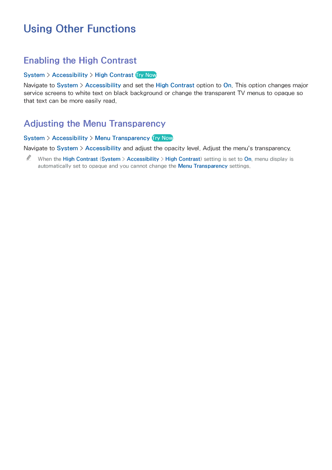 Samsung UA46H6203ARXSJ, UA46H6203ARXZN Using Other Functions, Enabling the High Contrast, Adjusting the Menu Transparency 