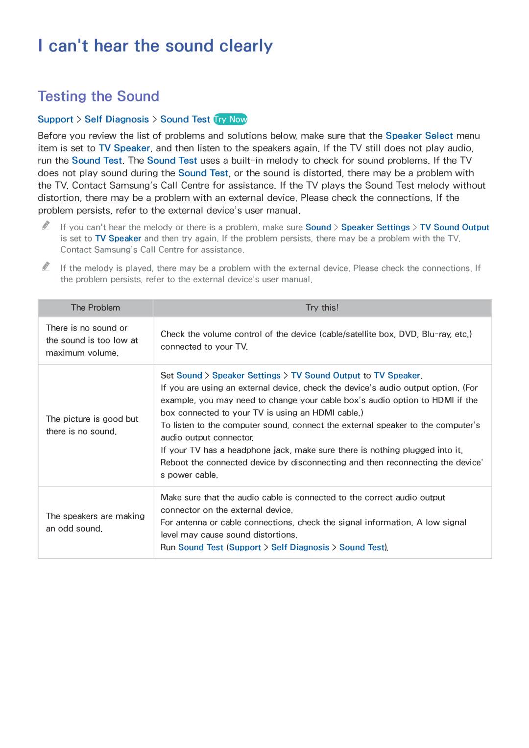 Samsung UA48H4203ARXEG manual Cant hear the sound clearly, Testing the Sound, Support Self Diagnosis Sound Test Try Now 