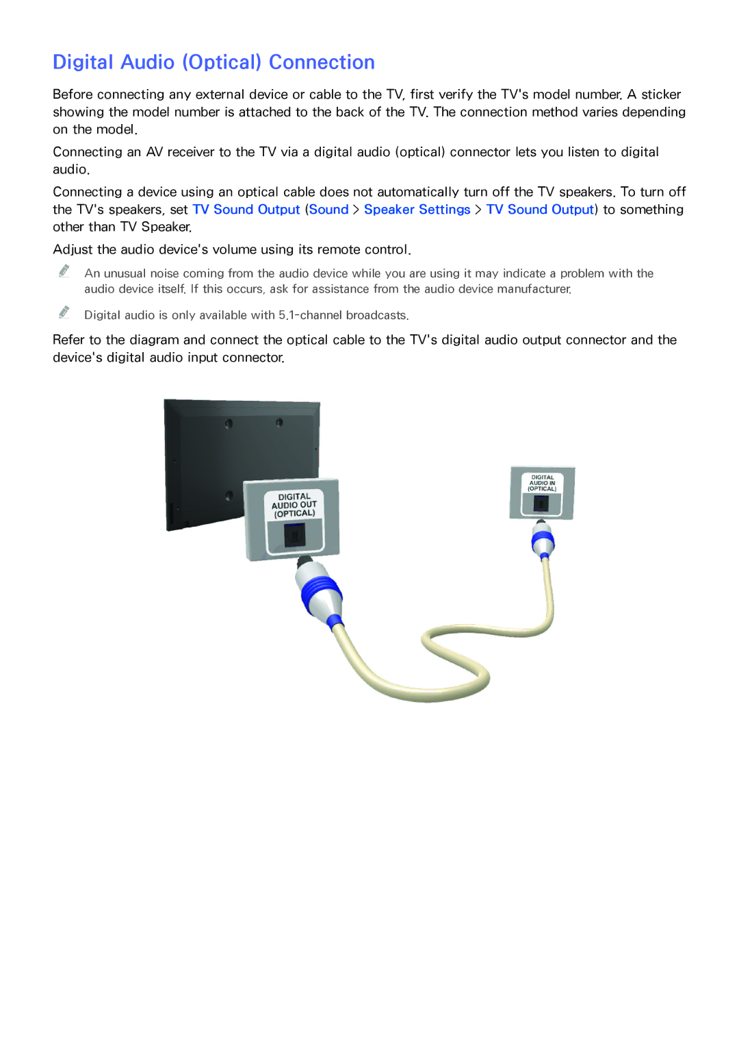 Samsung UA58H5203ARXZN, UA46H6203ARXZN, UA46H5303ARXUM, UA40H5303ARXUM, UA32H4303ARXEG manual Digital Audio Optical Connection 