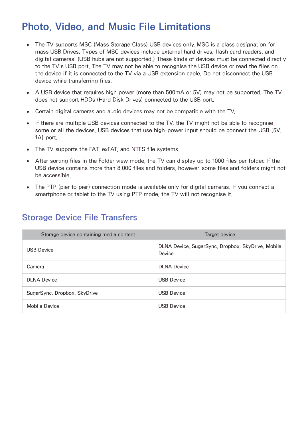 Samsung UA58H5203ARXZN, UA46H6203ARXZN manual Photo, Video, and Music File Limitations, Storage Device File Transfers 