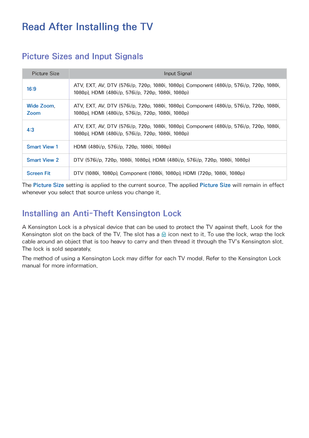 Samsung UA58H5203ARXUM, UA46H6203ARXZN, UA46H5303ARXUM manual Read After Installing the TV, Picture Sizes and Input Signals 