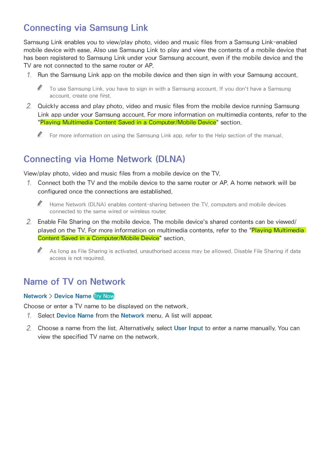 Samsung UA55H6203ARXZN, UA46H6203ARXZN, UA46H5303ARXUM, UA40H5303ARXUM Name of TV on Network, Network Device Name Try Now 