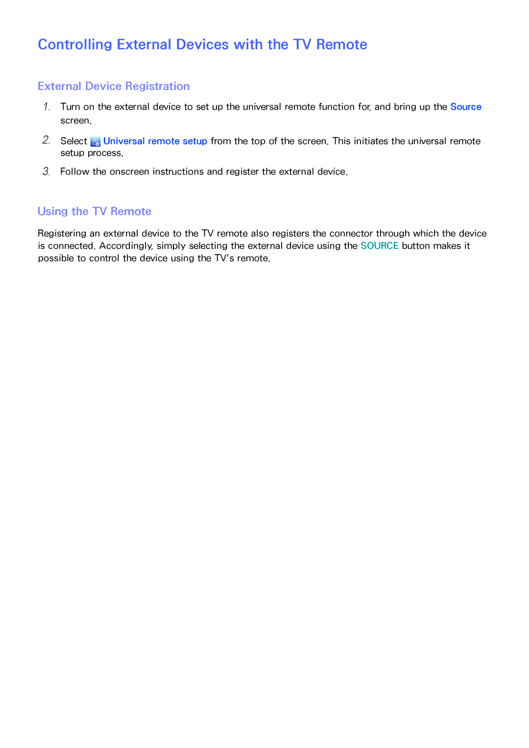 Samsung UA40H5303ARXUM Controlling External Devices with the TV Remote, External Device Registration, Using the TV Remote 