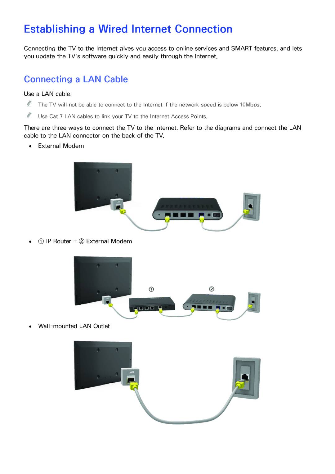 Samsung UA40H4203ARXEG, UA46H6203ARXZN, UA46H5303ARXUM Establishing a Wired Internet Connection, Connecting a LAN Cable 