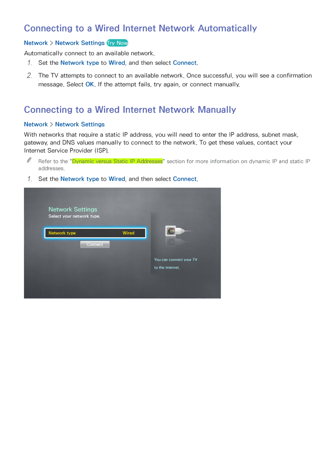 Samsung UA40H4203ARXUM manual Connecting to a Wired Internet Network Automatically, Network Network Settings Try Now 