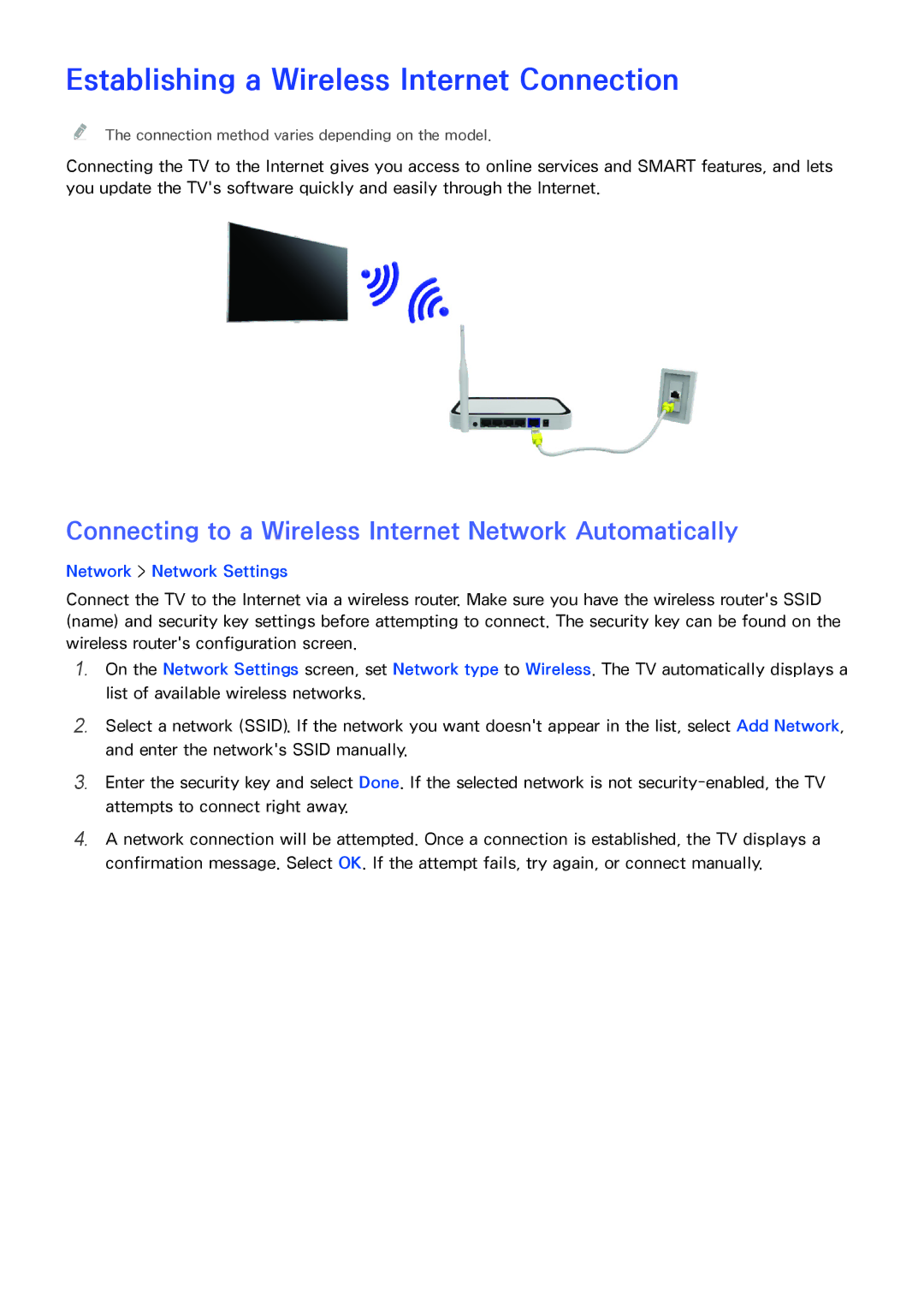 Samsung UA58H5203ARXZN, UA46H6203ARXZN, UA46H5303ARXUM, UA40H5303ARXUM manual Establishing a Wireless Internet Connection 