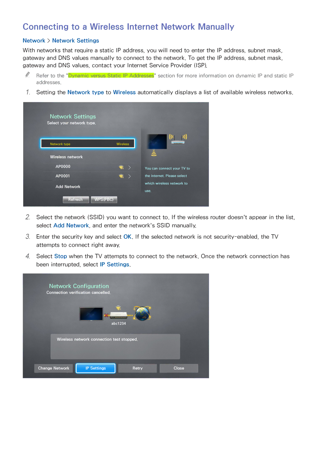 Samsung UA46H6203ARXUM, UA46H6203ARXZN, UA46H5303ARXUM Connecting to a Wireless Internet Network Manually, Network Settings 