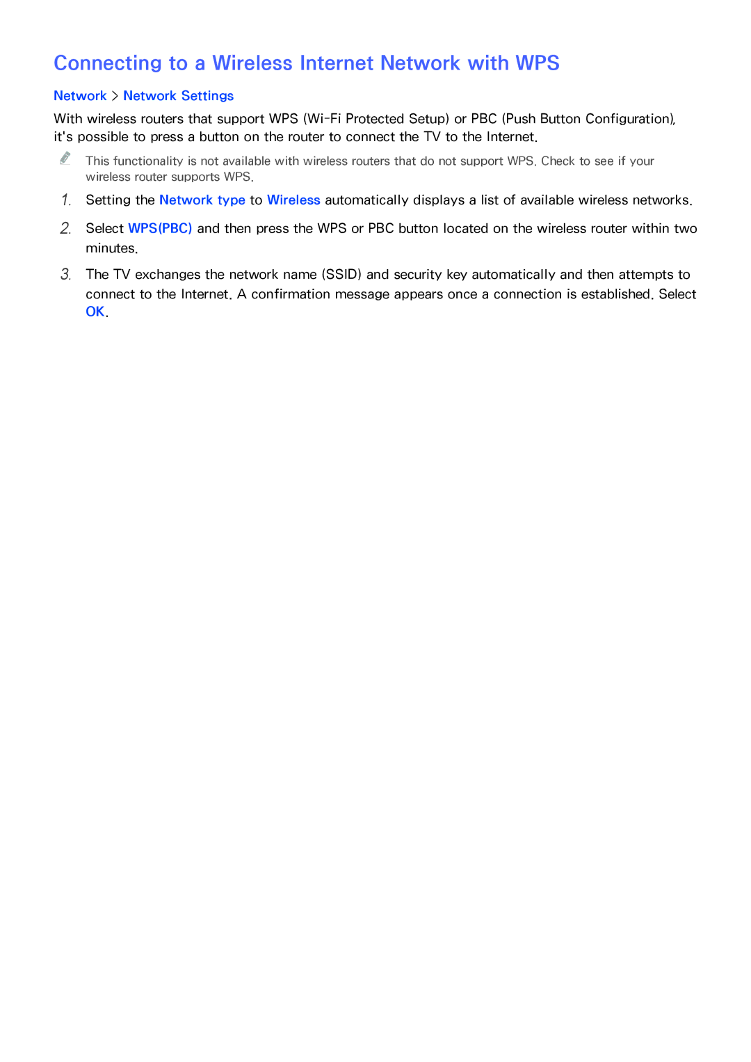 Samsung UA46H6203ARXSJ, UA46H6203ARXZN, UA46H5303ARXUM, UA40H5303ARXUM Connecting to a Wireless Internet Network with WPS 