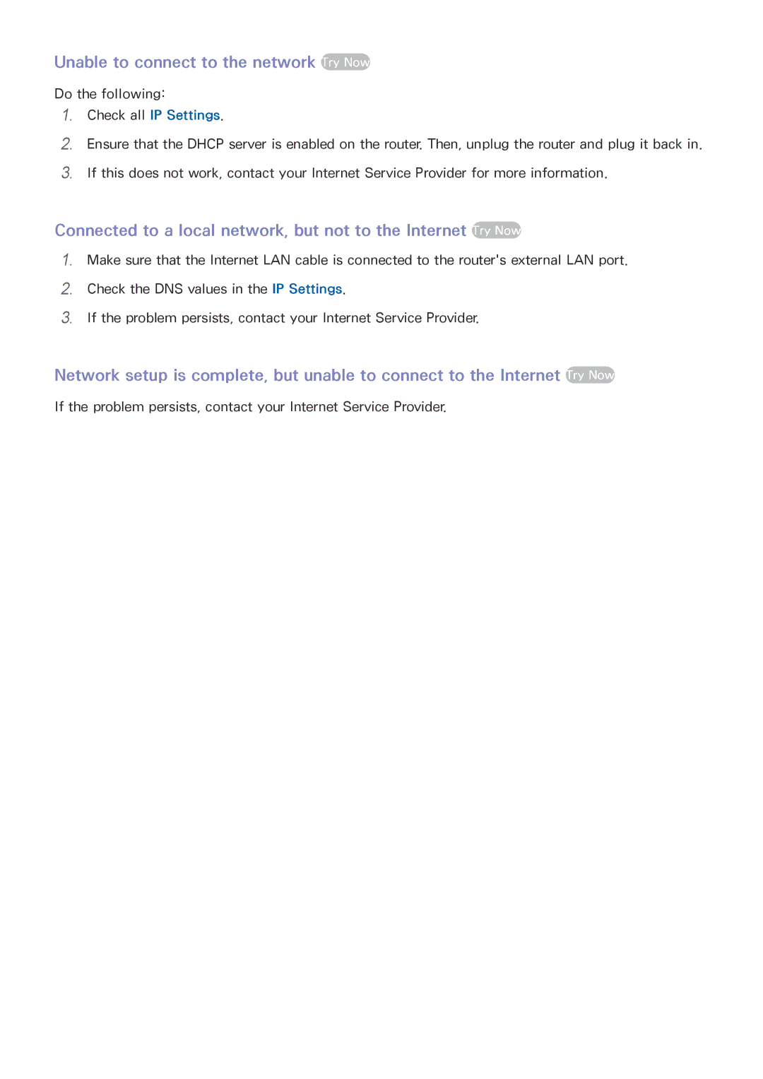 Samsung UA58H5203ARXUM, UA46H6203ARXZN, UA46H5303ARXUM, UA40H5303ARXUM manual Unable to connect to the network Try Now 