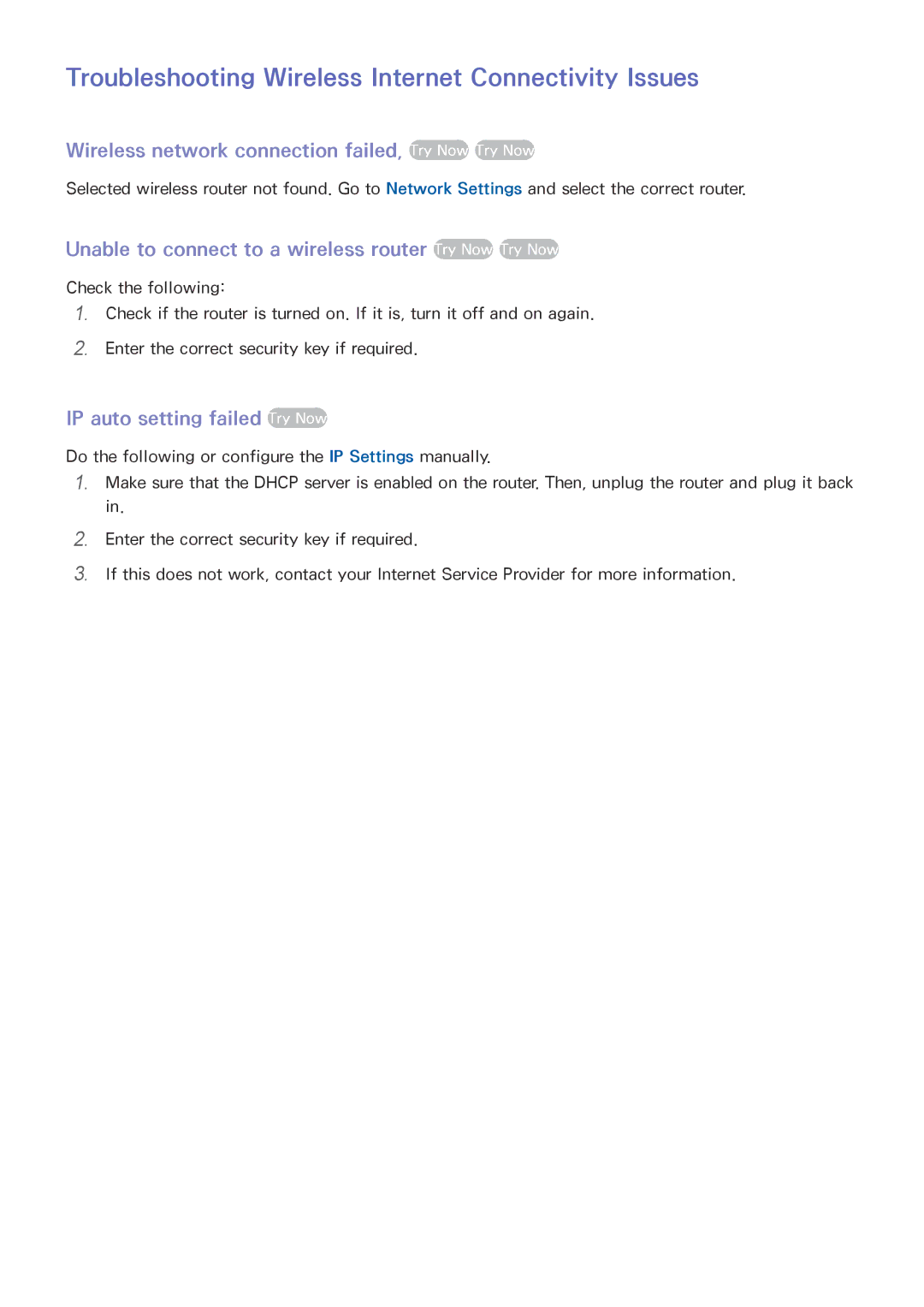 Samsung UA46H5303ARXZN, UA46H6203ARXZN, UA46H5303ARXUM, UA40H5303ARXUM Troubleshooting Wireless Internet Connectivity Issues 